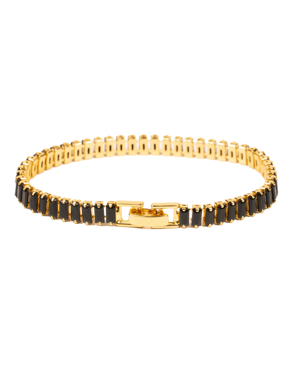 Gold bracelet with black stones on a white background