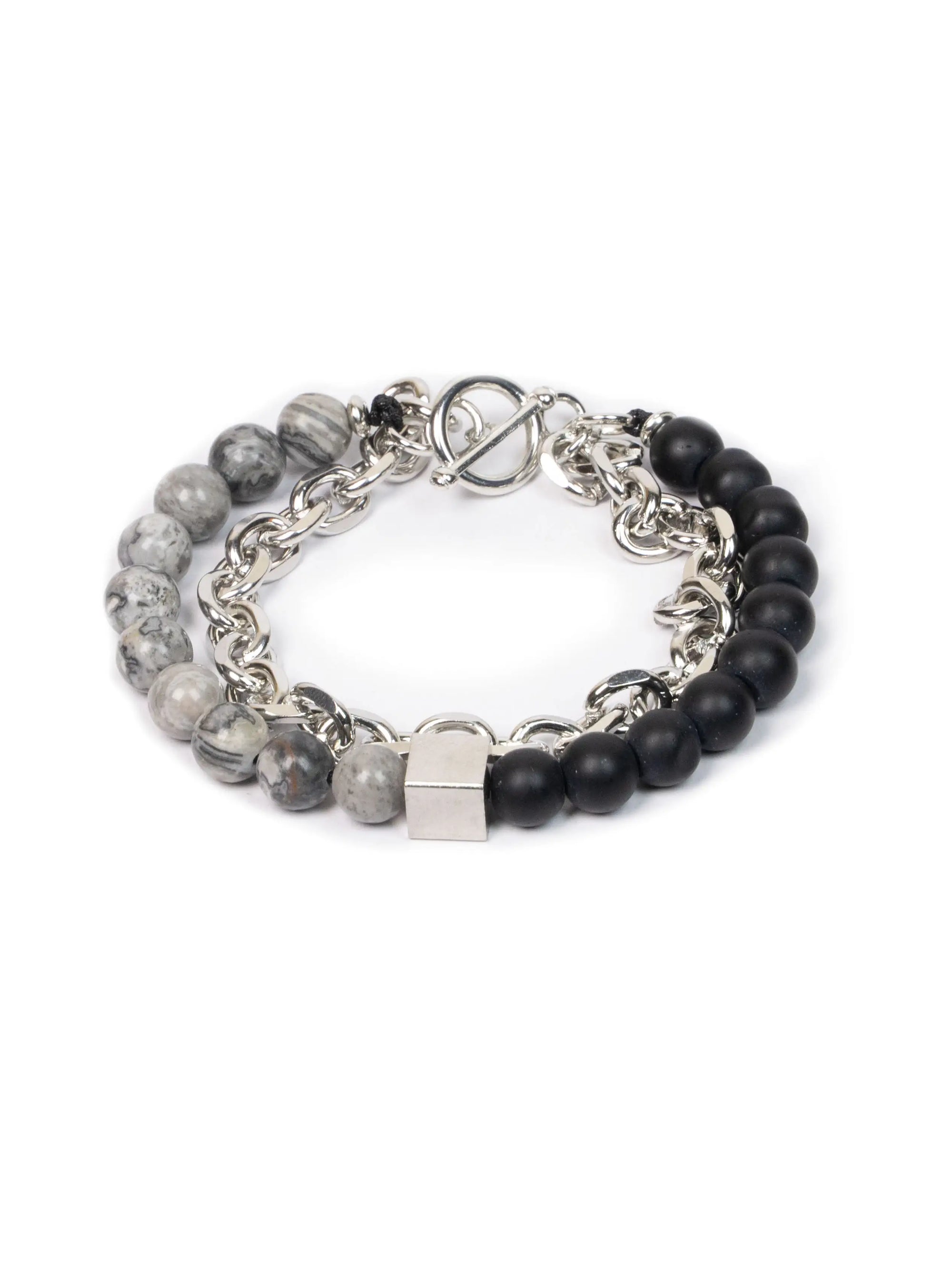 Multistrand bracelet with beads and chain on a white background