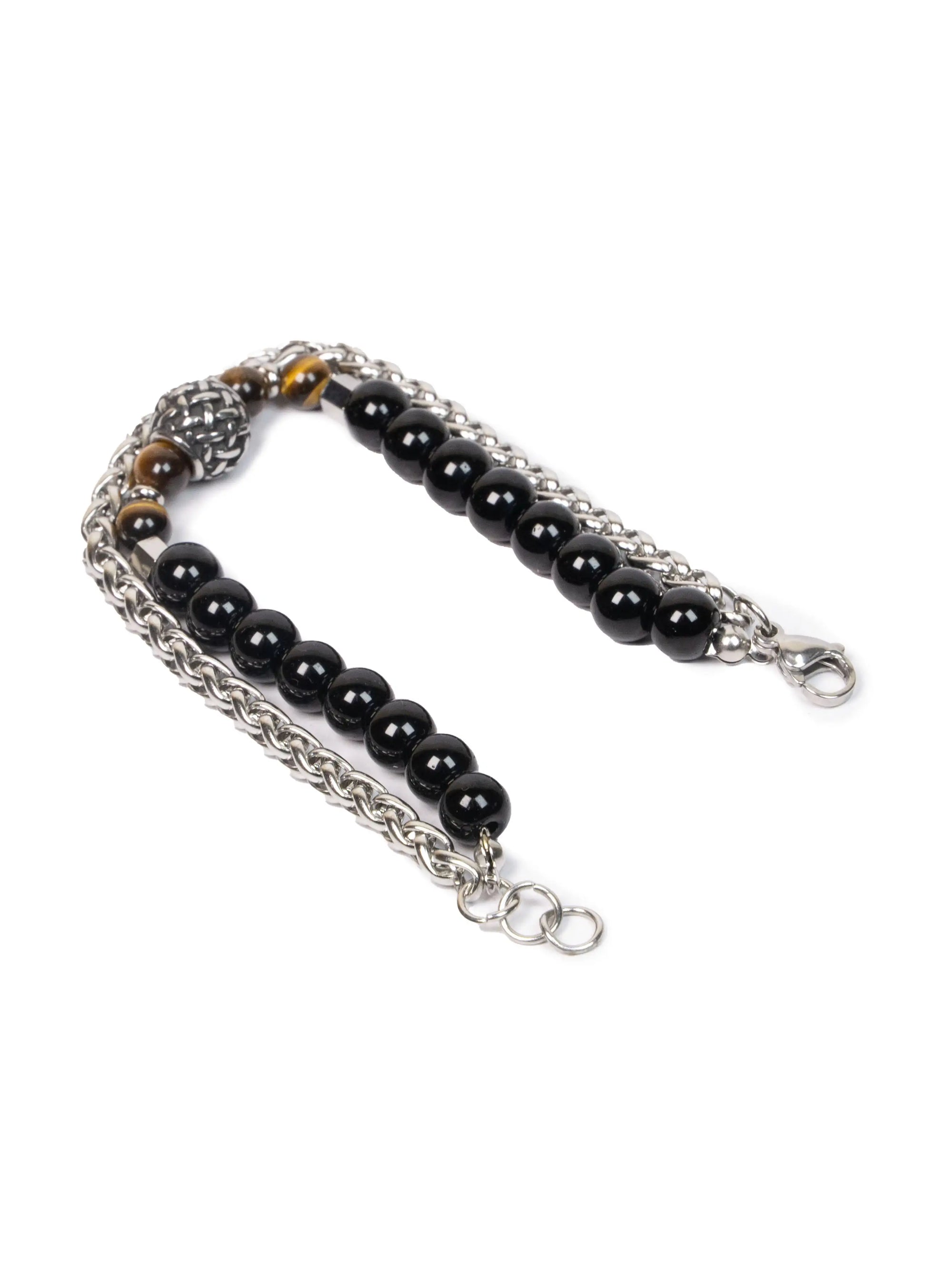 Bracelet with black beads and silver chain on a white background
