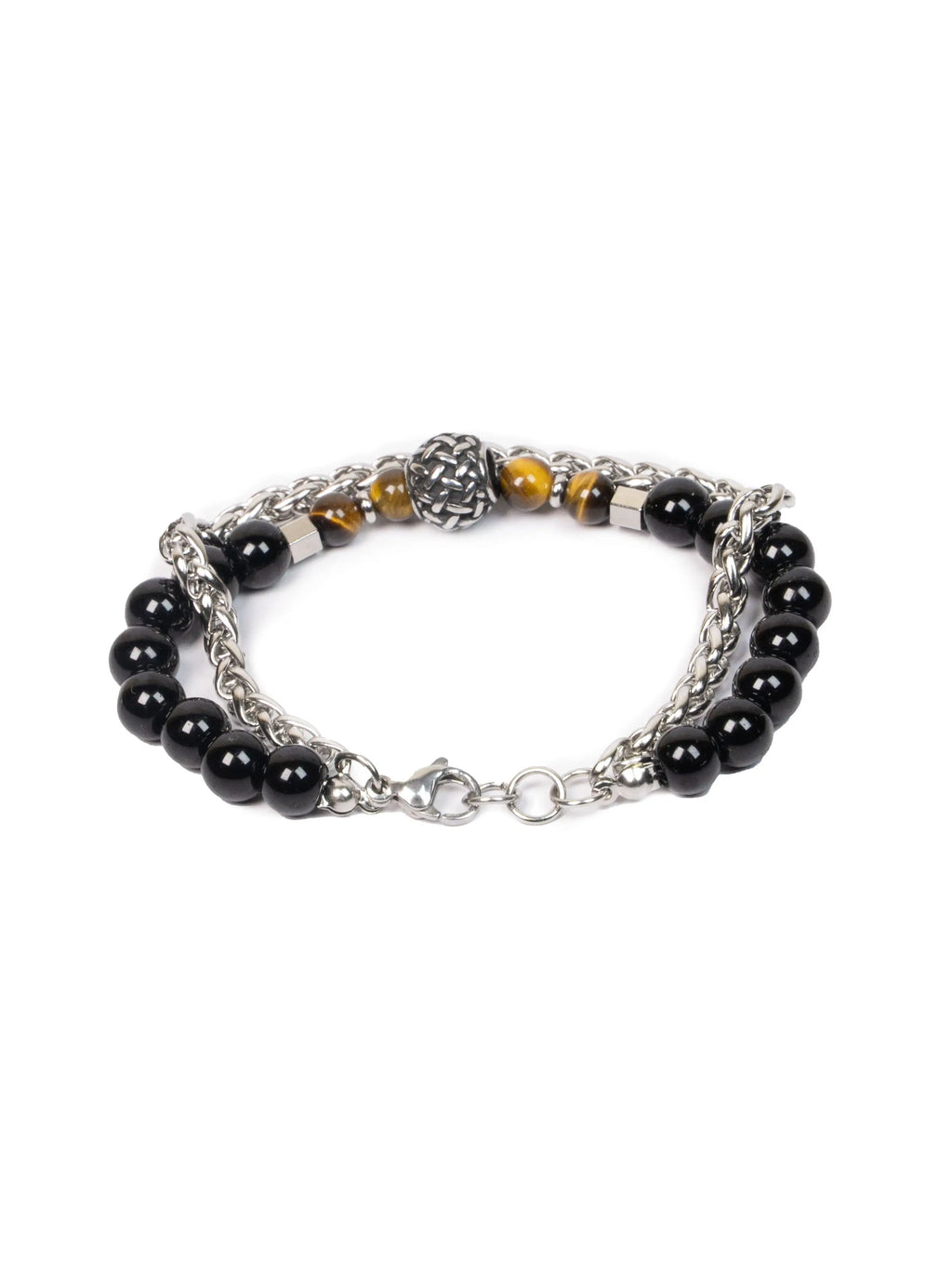 Bracelet with black beads and silver chain on a white background