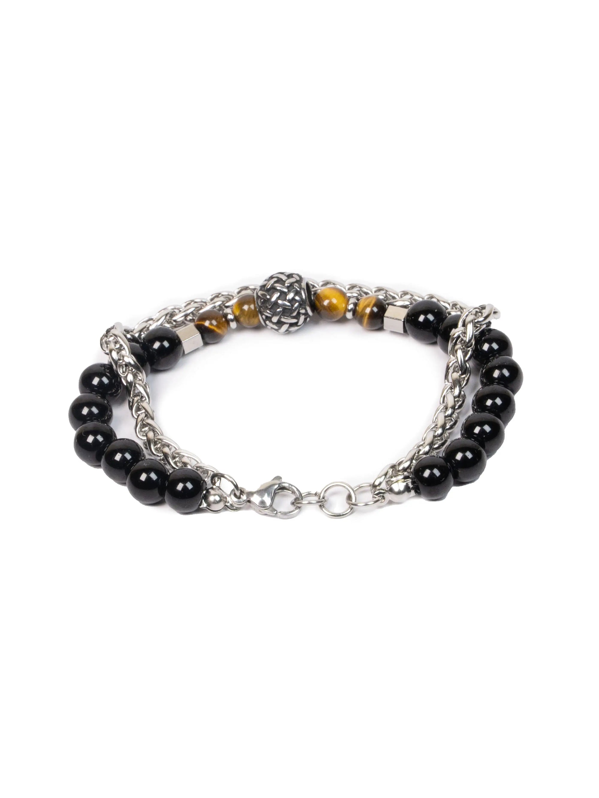 Bracelet with black beads and silver chain on a white background