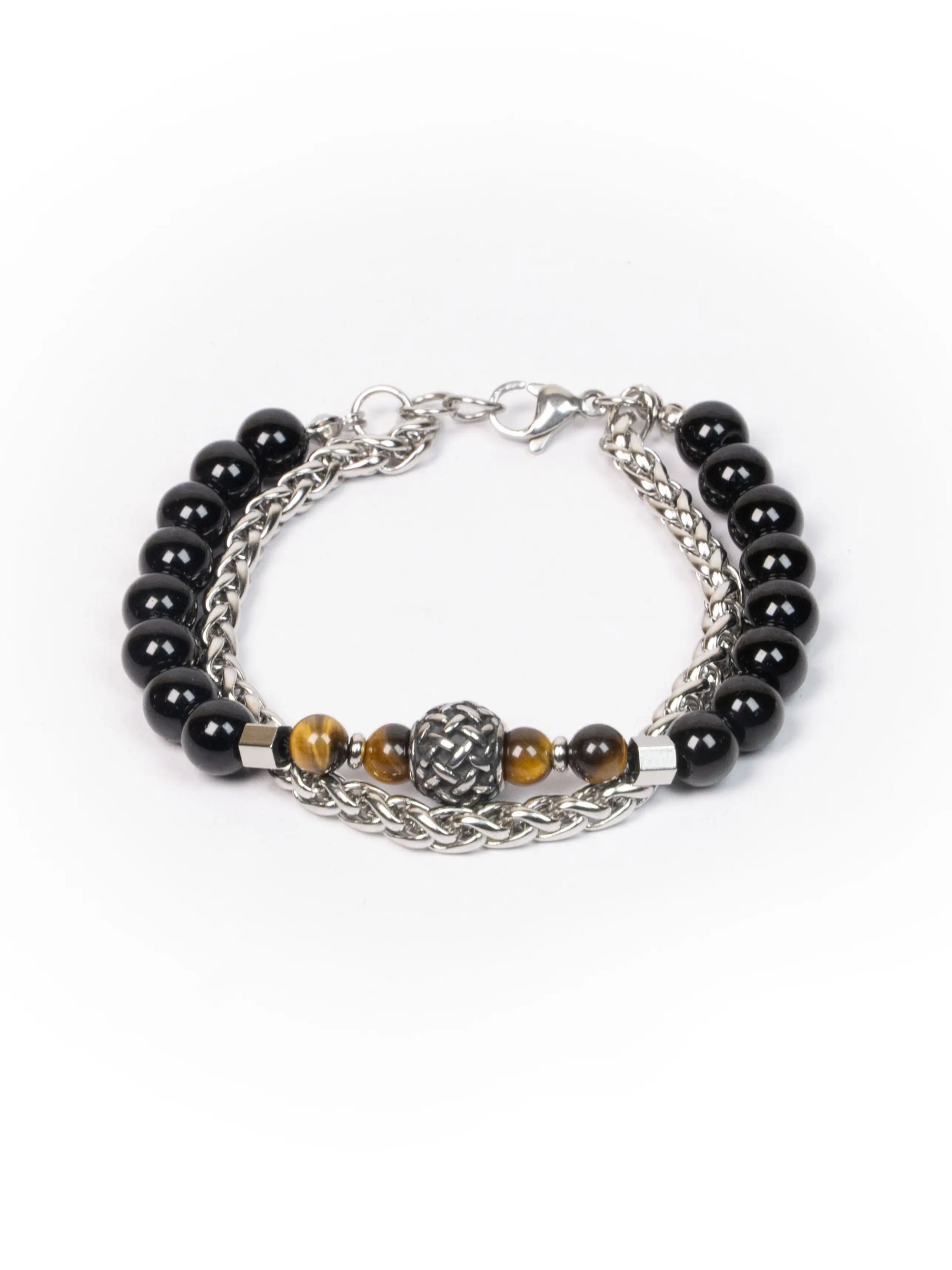 Bracelet with black beads and a silver chain on a white background