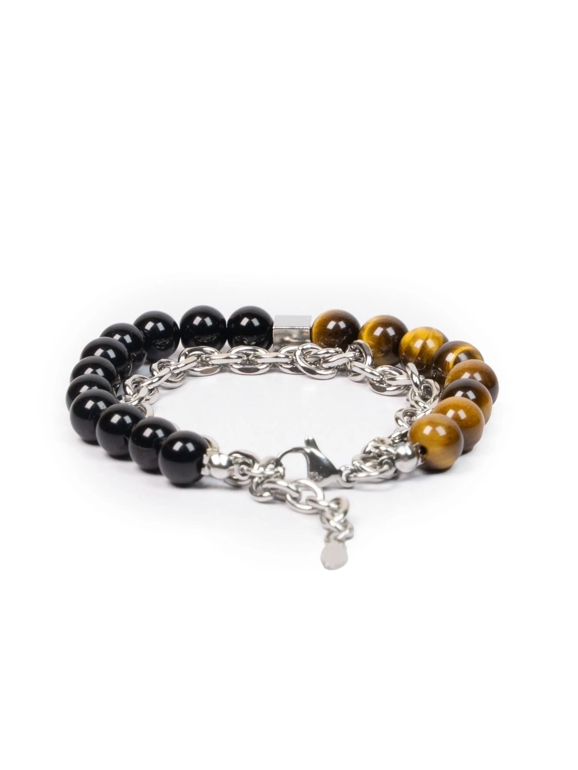 Bracelet with black and yellow beads on a white background