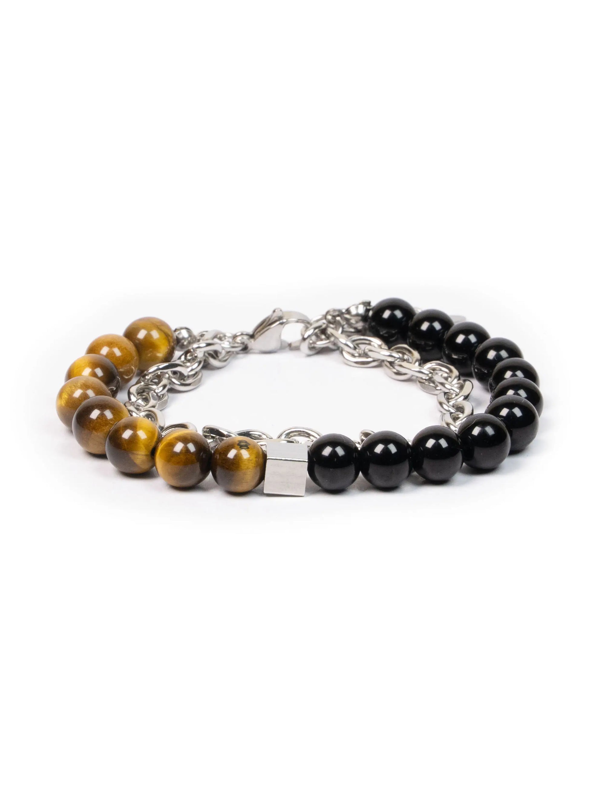 Bracelet with tiger eye and black beads on a white background