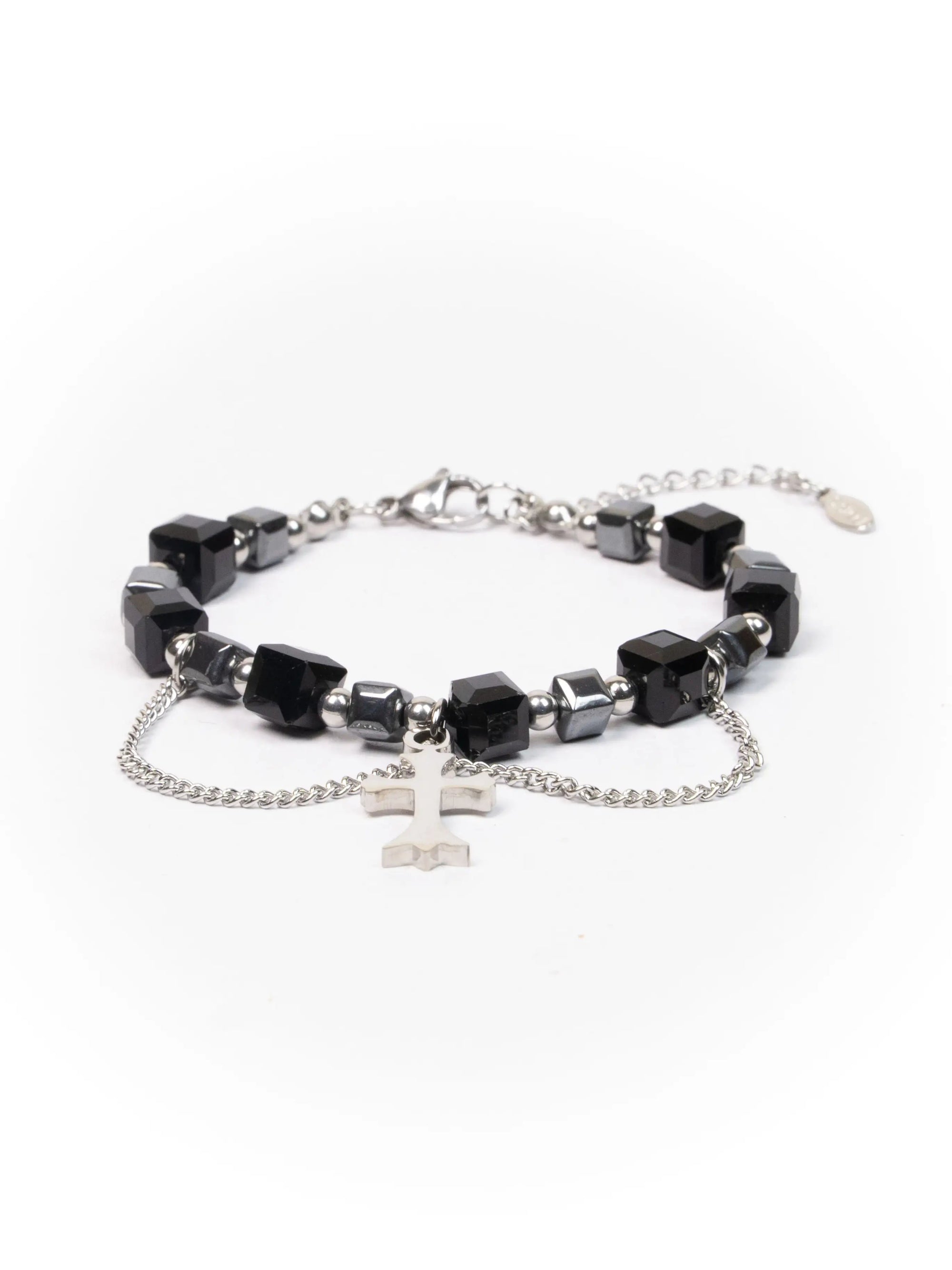 Black and silver bracelet on a white background