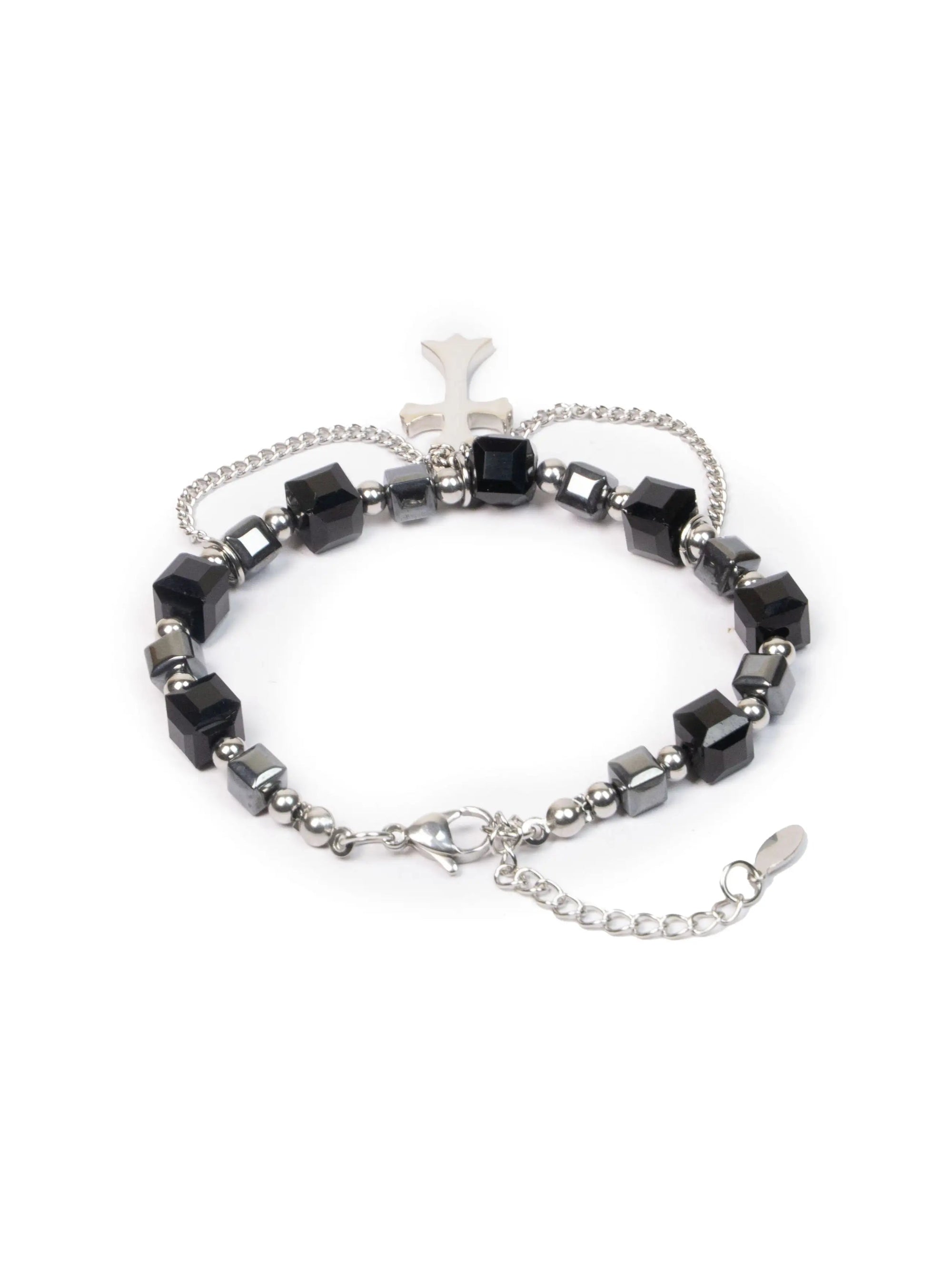 Bracelet with black beads and a silver clasp on a white background