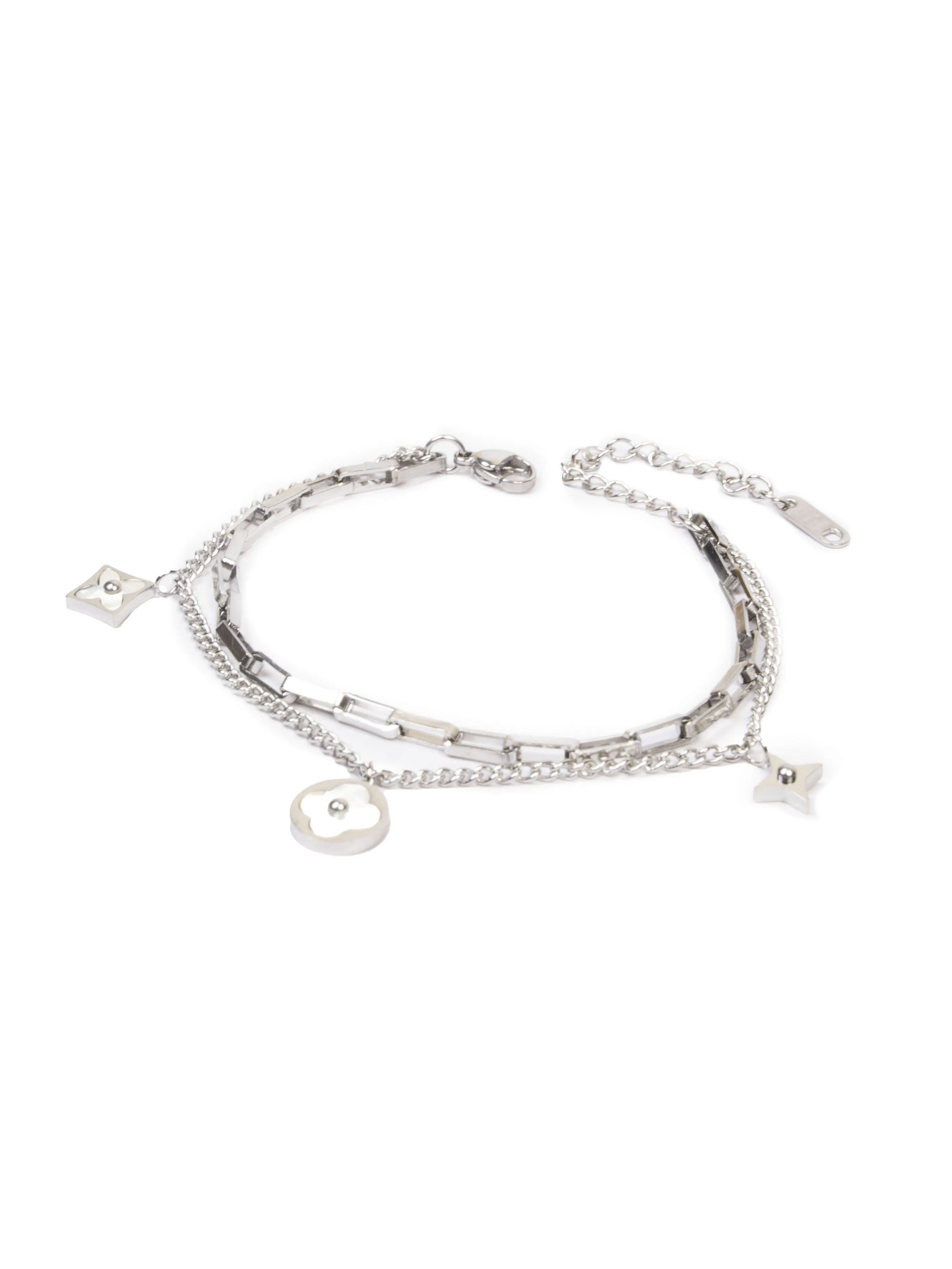 Silver bracelet with heart-shaped charms on a white background