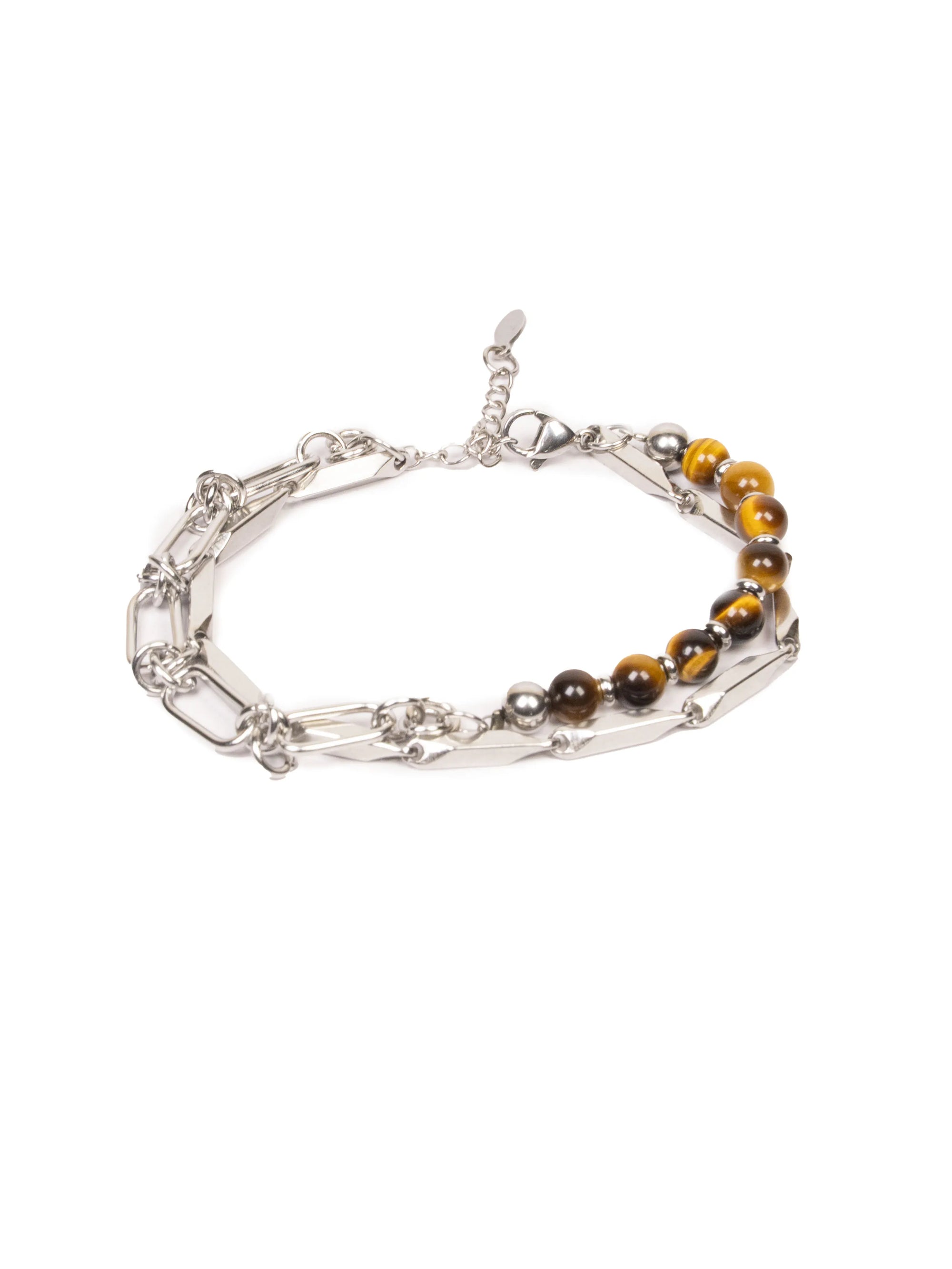 Silver bracelet with black and yellow beads on a white background