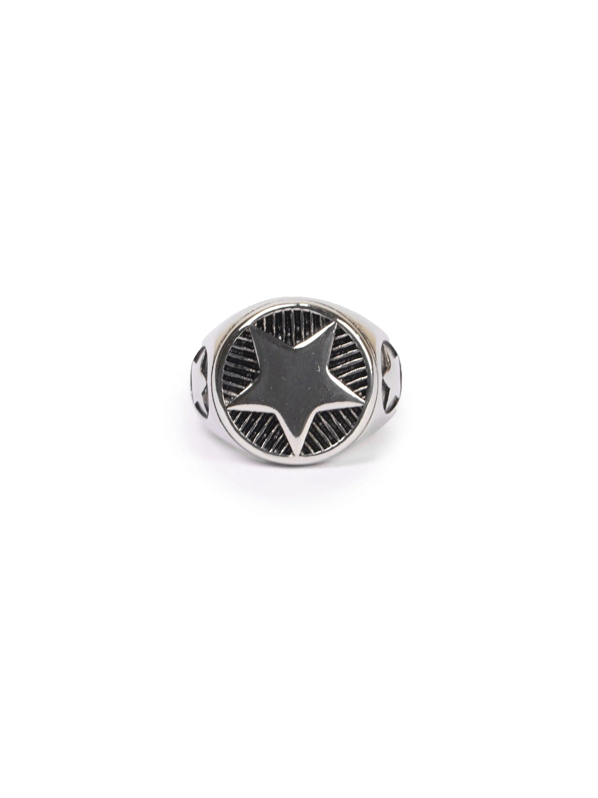 starboy ring ,Silver ring with star design on a white background