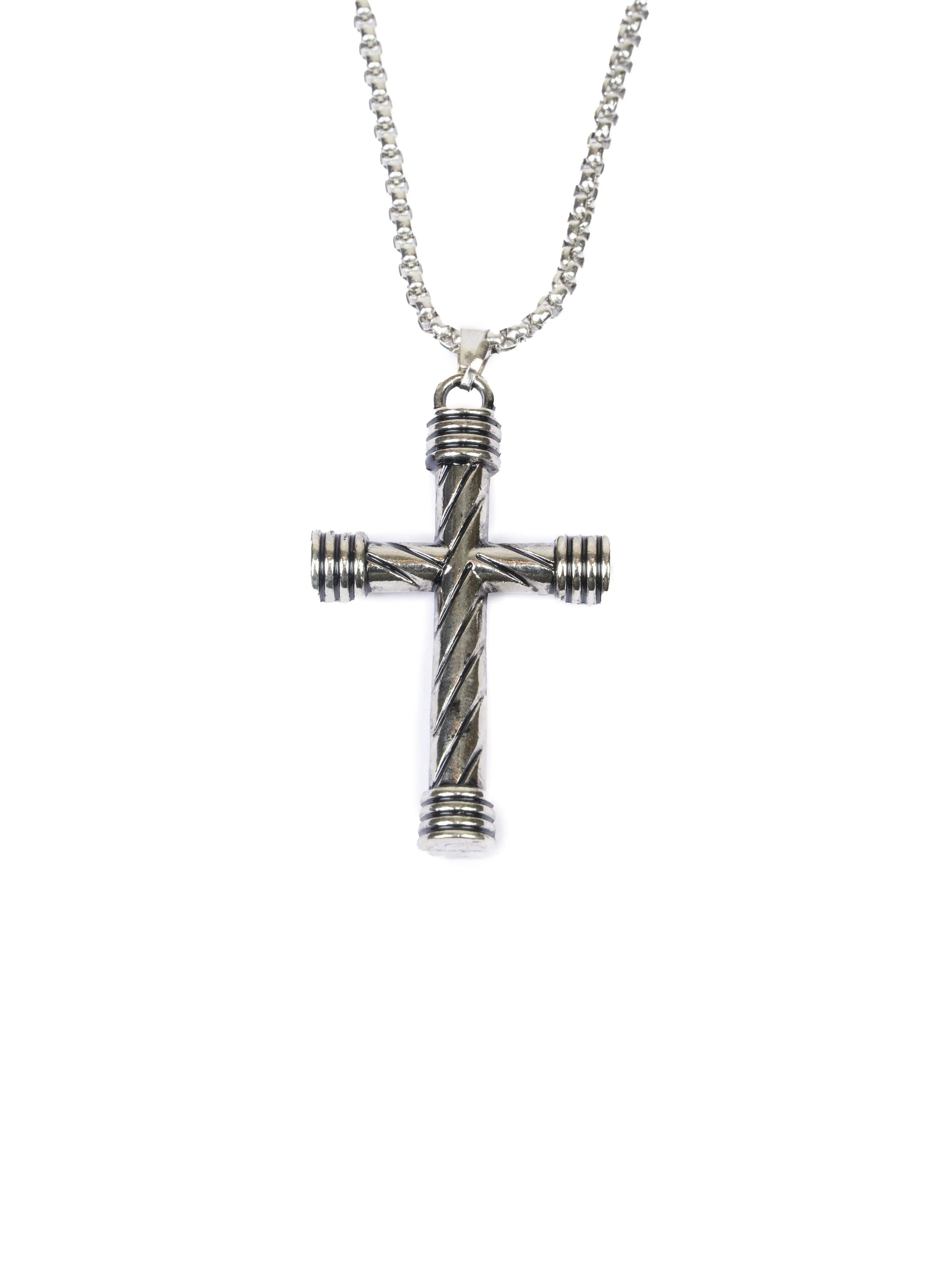 Silver cross pendant necklace on a white background