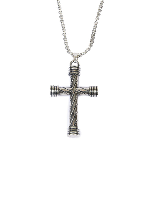 Silver cross pendant necklace on a white background