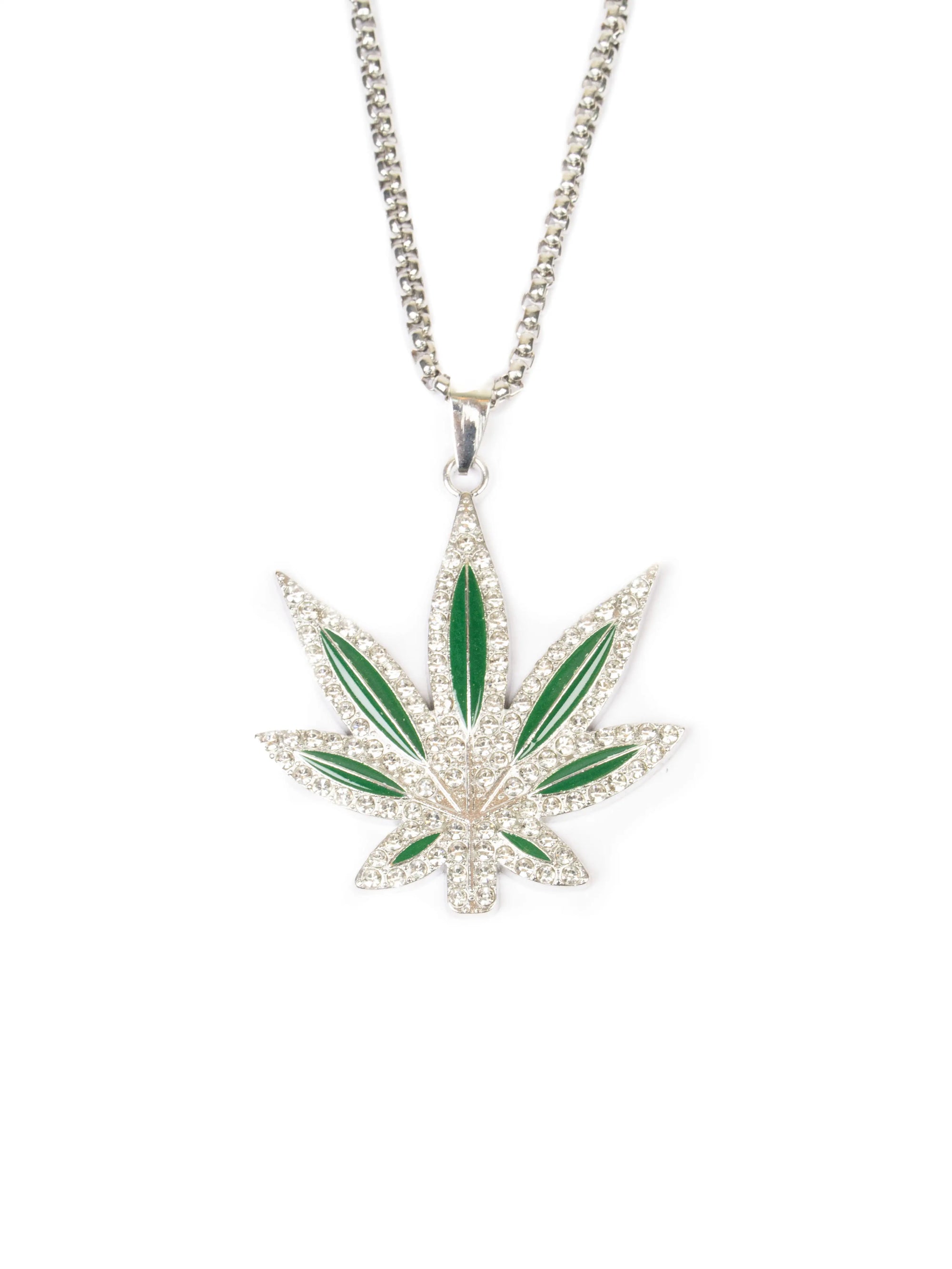 Necklace with a green cannabis leaf pendant on a white background