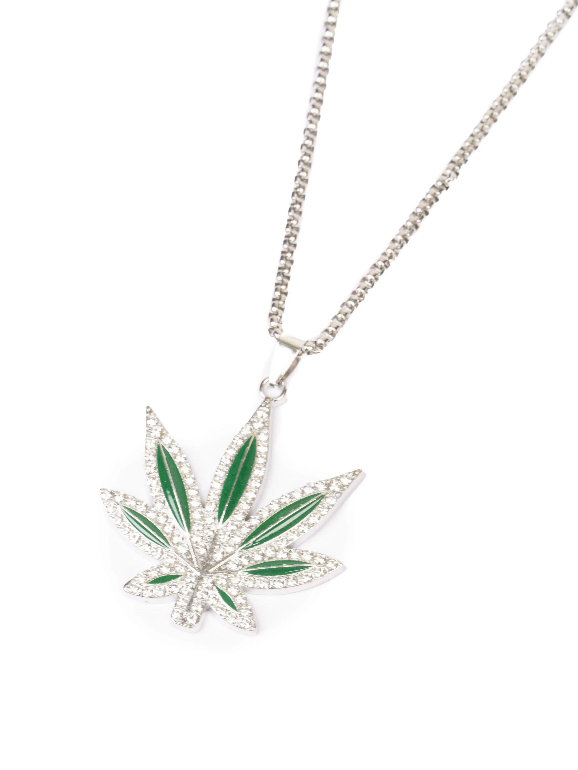 Necklace with a green leaf pendant on a white background stawp zaza weed