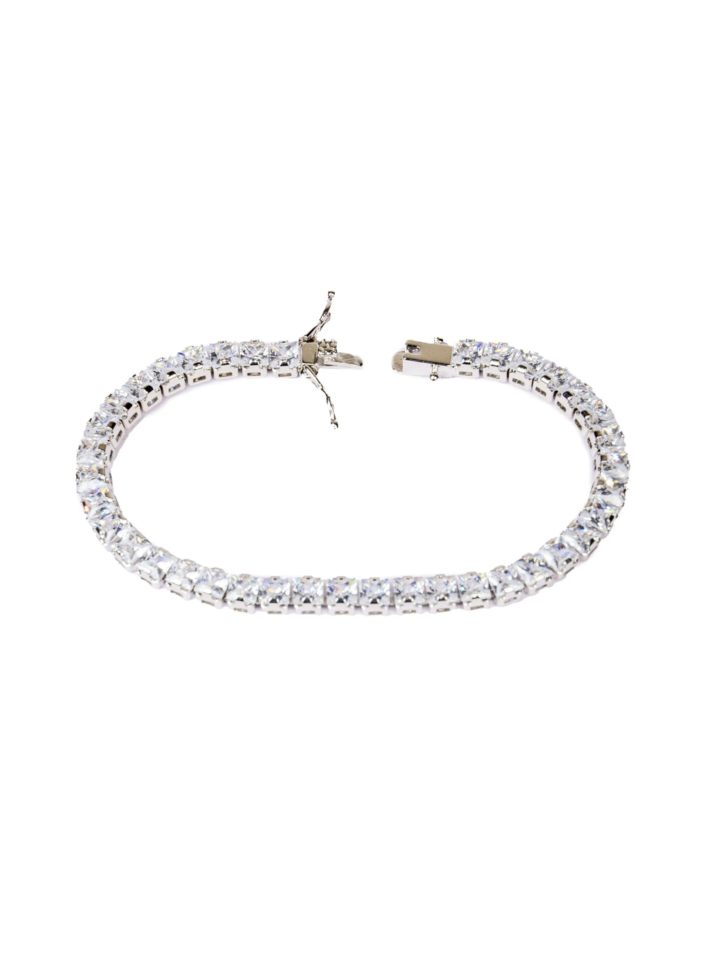 Silver bracelet with clear stones on a white background