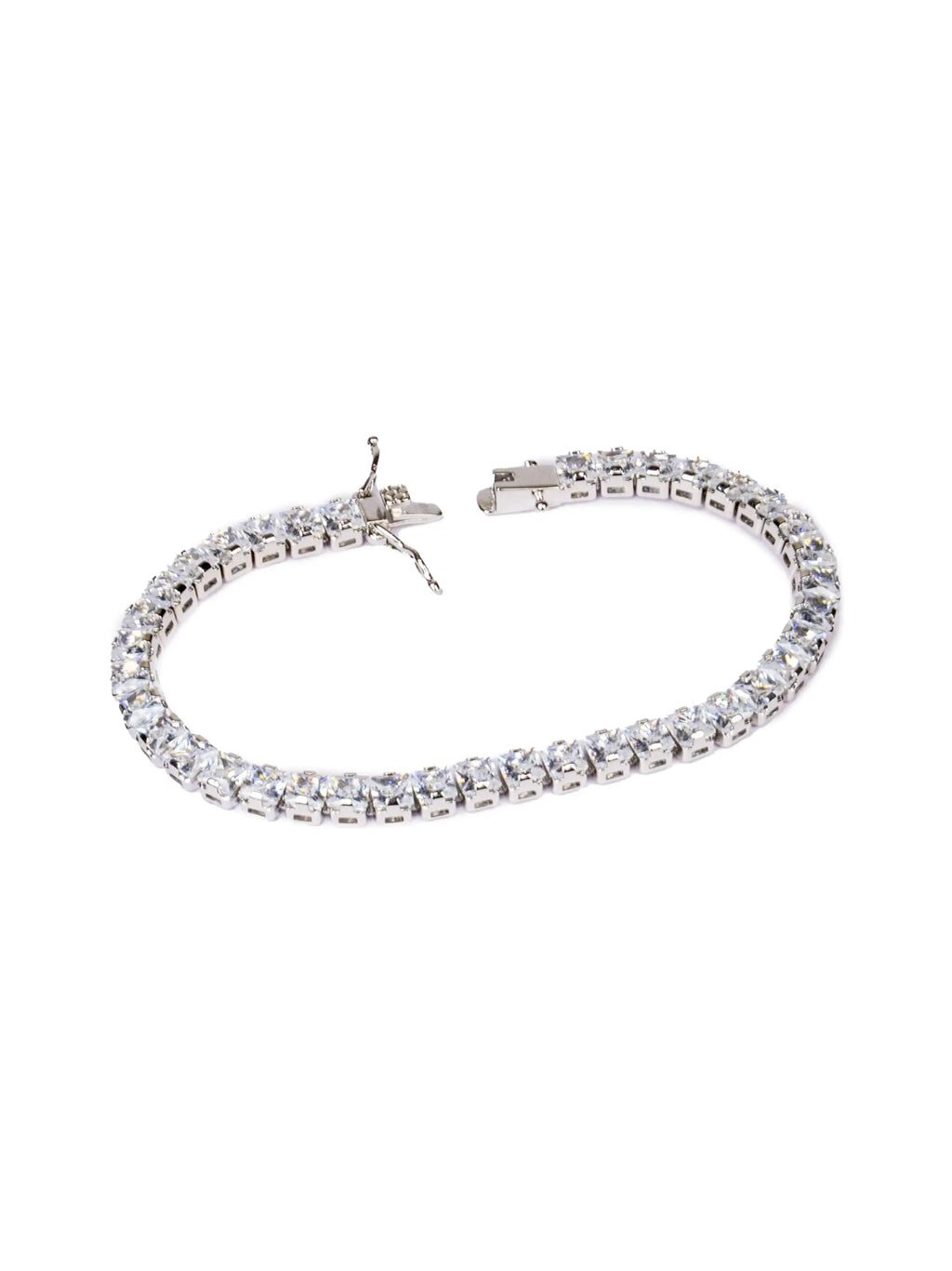 Silver bracelet with clear stones on a white background
